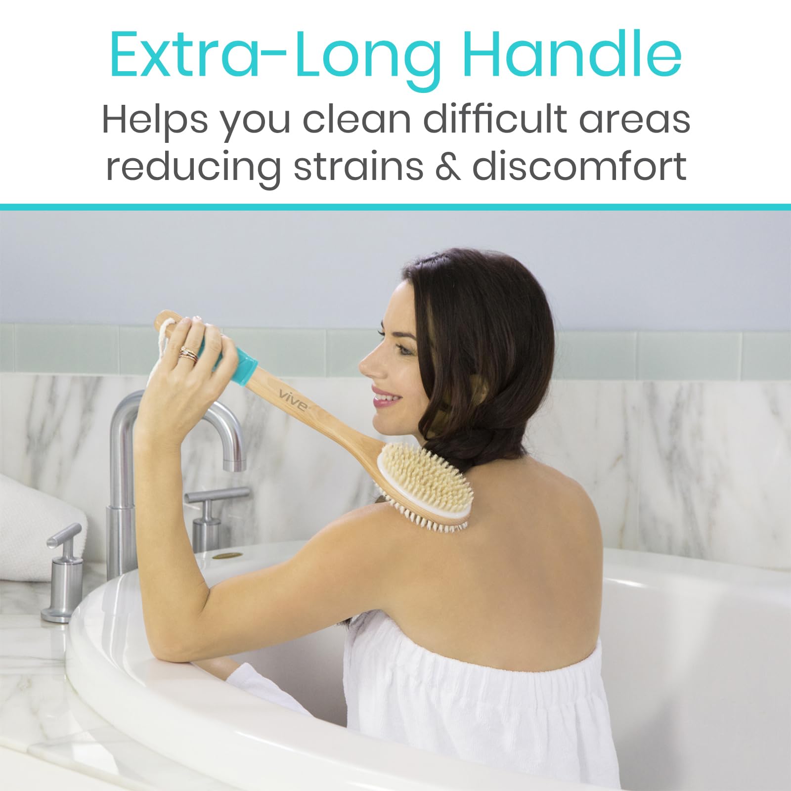 Vive Shower Brush - Dry Skin Body Exfoliator - Shower and Bath Scrubber For Wash Brushing, Exfoliating, Cellulite, Foot Scrub, Leg Exfoliant w/Soft and Stiff Massage Bristles - Wooden Long Handle